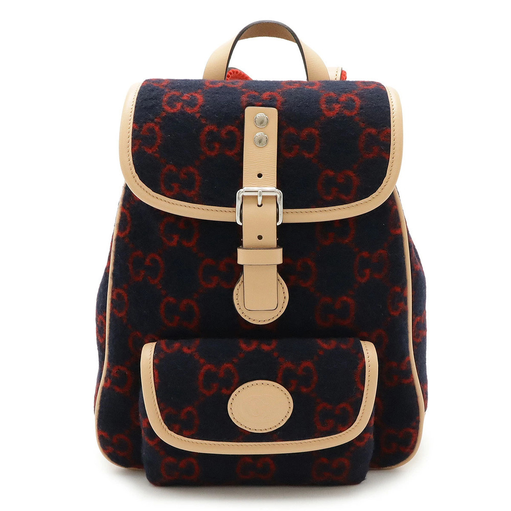 Gucci GG Wool Backpack Rucksack Leather Navy Blue Red